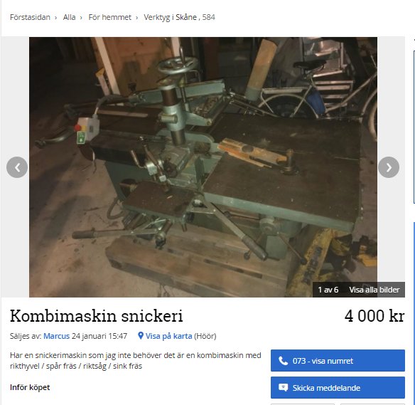 Begagnad kombimaskin för snickeri i ett verkstadsutrymme, annonserad för försäljning.