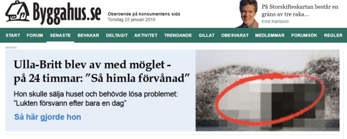 Pixelerad bild av en vägg med mögelfläckar inom en röd cirkel, använd i reklam för ozonrenare.