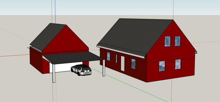 Grundläggande Sketchup-modell av ett rödmålat hus med sadeltak, bil i carport och intilliggande byggnad.