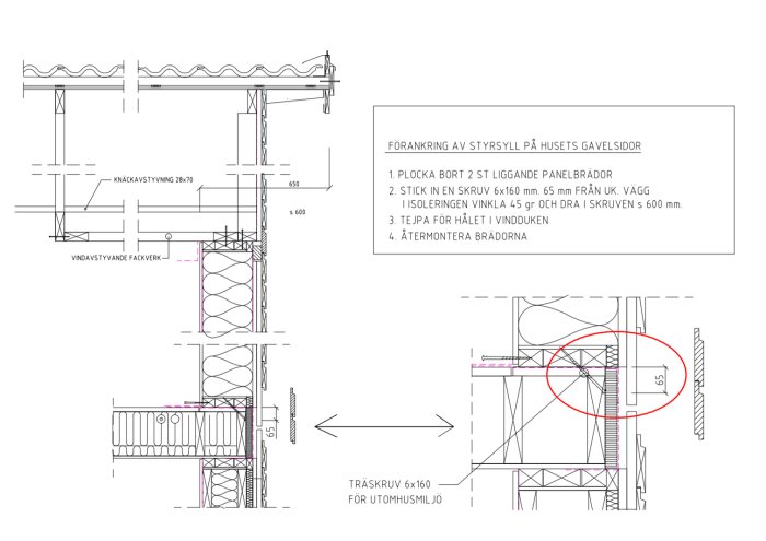 Arkitektonisk ritning med instruktioner för förankring av styrssyll på ett hus, markerade steg och måttangivelser.