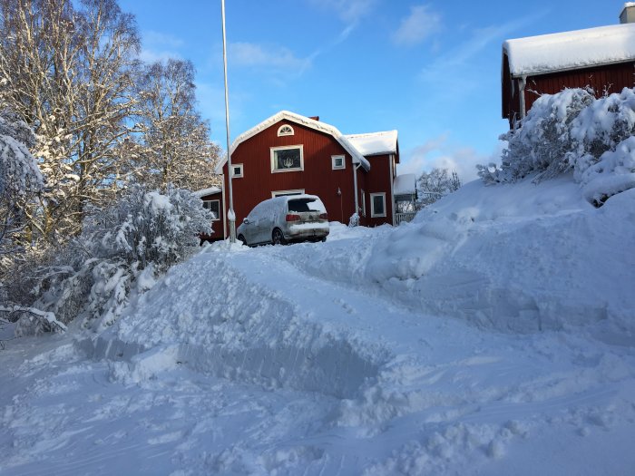 Snötäckt uppfart med stora snöhögar framför rött hus och parkerad bil under vintern.