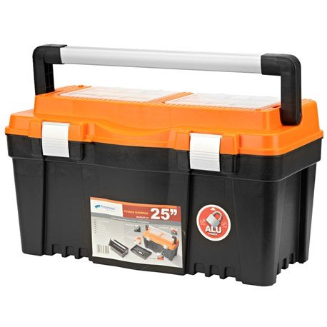 Verktygslåda av plast med orange lock och vita spännen, med olika fack och vit handtag.