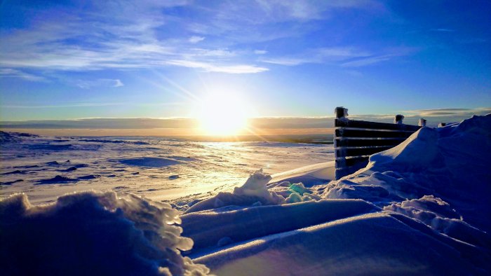 Solnedgång över snötäckt landskap på Blästerfjället med trästaket i förgrunden.