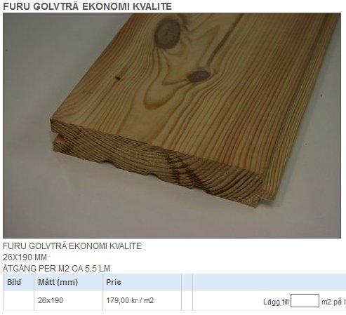 Stapel med obehandlade furugolvbrädor av ekonomikvalitet på en vit bakgrund.