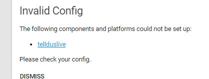 Skärmdump av ett felmeddelande i Home Assistant angående en ogiltig konfiguration med komponenten 'tellduslive'.