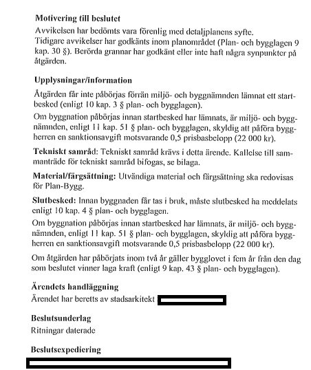 Sida ur bygglovshandling med text avsnitt kring beslut, upplysningar och teknisk samråd, på svenska.