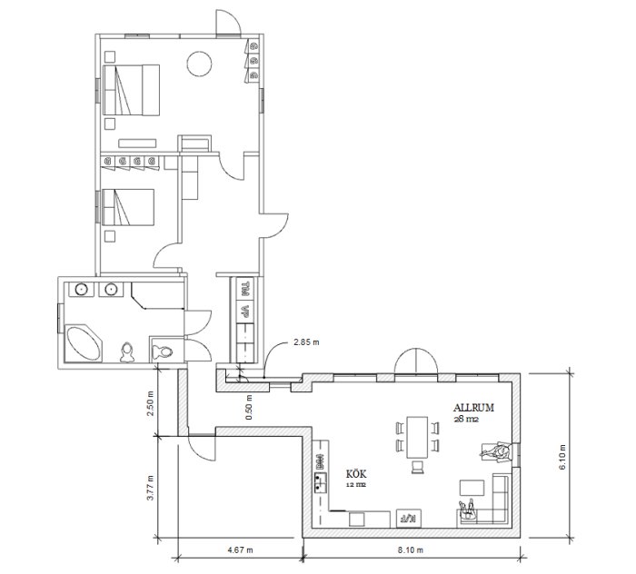 Planritning av ett hus med öppen planlösning inklusive kök, allrum, två toaletter, två sovrum och en hall.