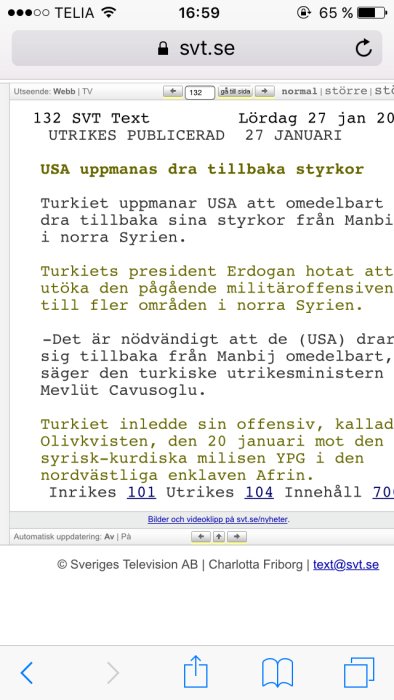 Skärmdump från SVT Text-TV med nyhetsrubriker om utrikespolitik, inklusive USA och Turkiet.
