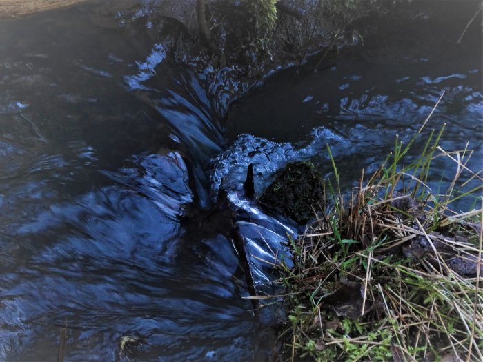 Mossbeklädd sten vid en bäck med klart flödande smältvatten, omgiven av gräs och löv.