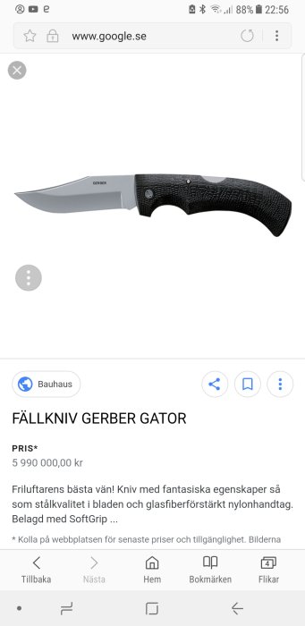 Fällkniv Gerber Gator med robust nylonhandtag och högkvalitativt stål.