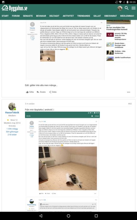 Skärmdump från diskussionsforum som visar inlägg med bild av ett renoveringsprojekt i ett tomt rum med byggmaterial.