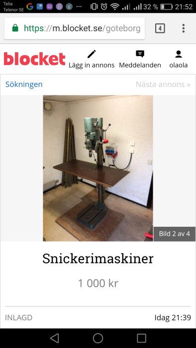 Arboga pelarborrmaskin till salu för 1000 kr i ett garage, visas på annonssida.