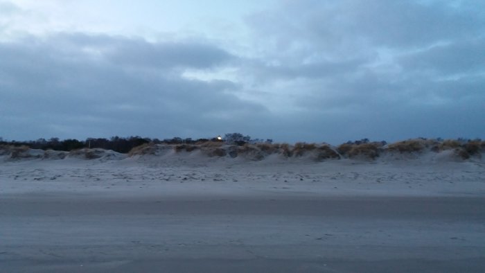 Strand vid skymning med sanddyner och vegetation som påminner om höst, under molnigt himmel.