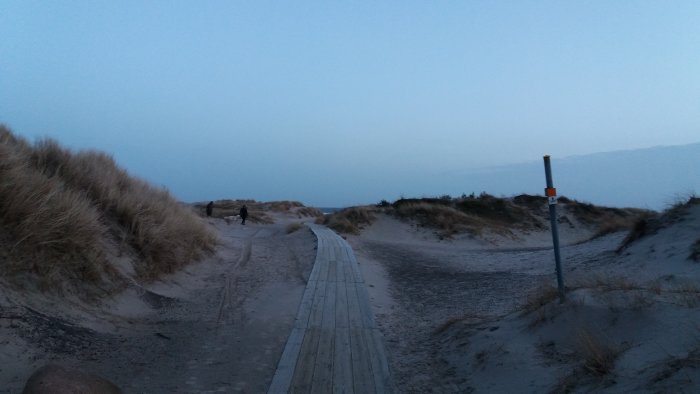 Sandig strandväg mellan dynerna med tidig kvällshimmel och personer i fjärran.