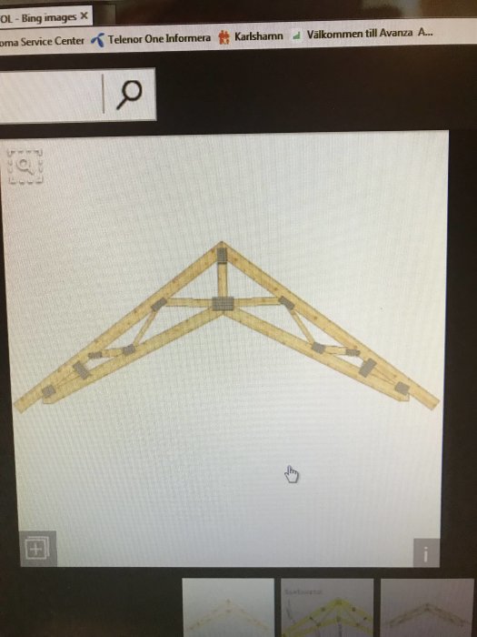 Illustration av en saxtakstol för konstruktion med öppet tak och fäste för limträbalk.