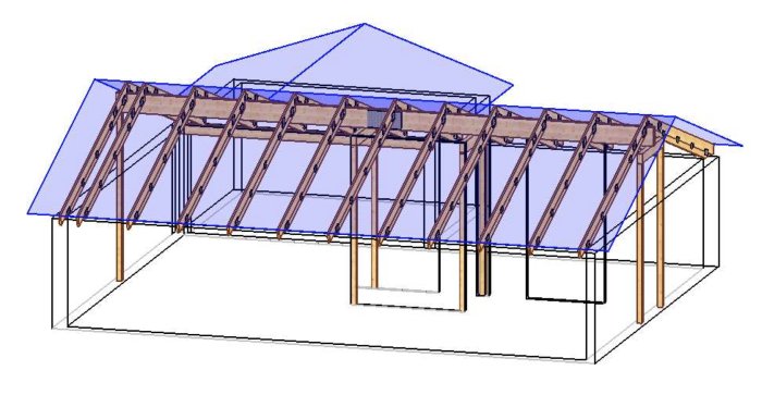 3D-modell av en husutbyggnad med öppen nock och limträkonstruktion.