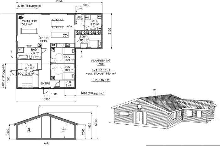 Ritningar med planlösning och sektion av en utbyggnad av ett hus med öppet till nock.