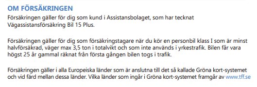 Textdokument som beskriver detaljer om Assistansbolagets Vägassistansförsäkring Bil 15 Plus och dess villkor.