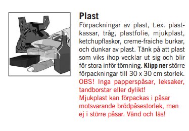 Illustration av plastförpackningar till återvinning, inklusive påsar och dunkar, med anvisningar.