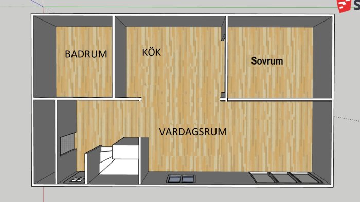 Digital ritning av en bostadsplanlösning med markerade rum: Badrum, Kök, Sovrum och Vardagsrum.