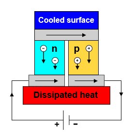 Diagram som illustrerar en Peltierelement med markerade kalla och varma ytor samt elektriska poler.