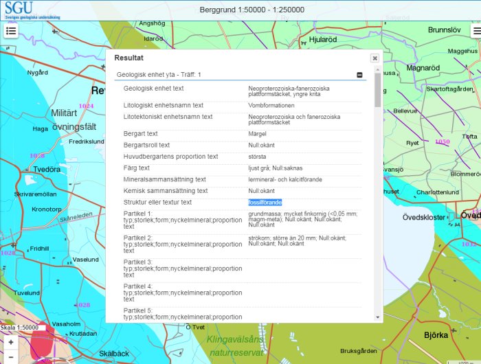 Skärmdump av geologisk karta med fokus på Vombformationen i Skåne, markerar områden med märgel.