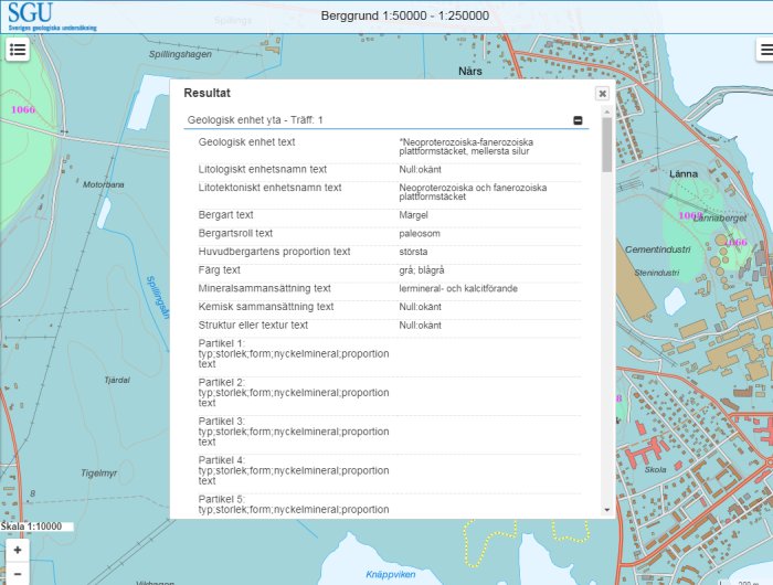 Skärmdump av geologisk karta över När på Gotland med markeringar och text om geologisk enhet och bergart.