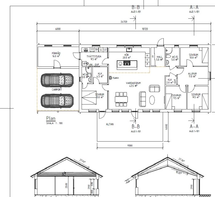 Arkitektritning av ett hus med översiktsplan och sektioner, inklusive carport och rumslayout, inget korsat sadeltak syns.