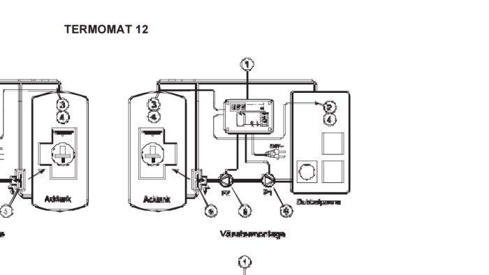 Schema över koppling av pannsystem med ackumulatortankar och cirkulationspumpar.