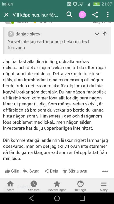 Skärmdump av ett diskussionsforum med text från en tråd angående ekonomisk diskussion.