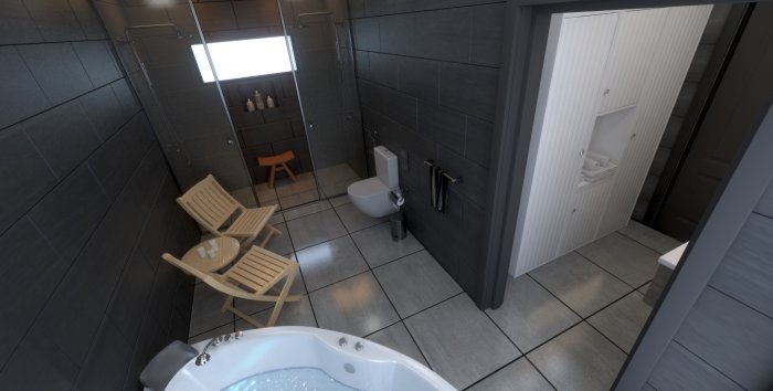 3D-rendering av ett modern badrum med badkar, toalett, handduksställ och trästolar.