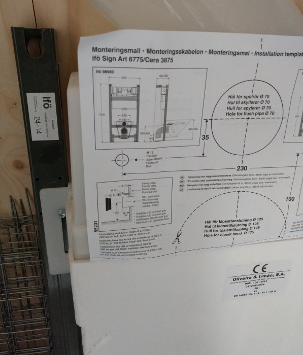 Monteringsanvisningar för Ifö Cera toalett, Ifö ram fixtur och installationsmått visas på en vägg.