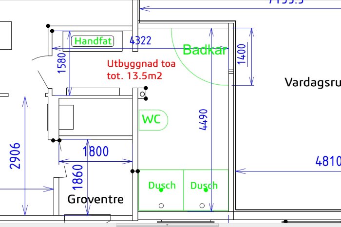 Arkitektritning av ett badrumsutrymme med markerade platser för handfat, WC, badkar och dusch.