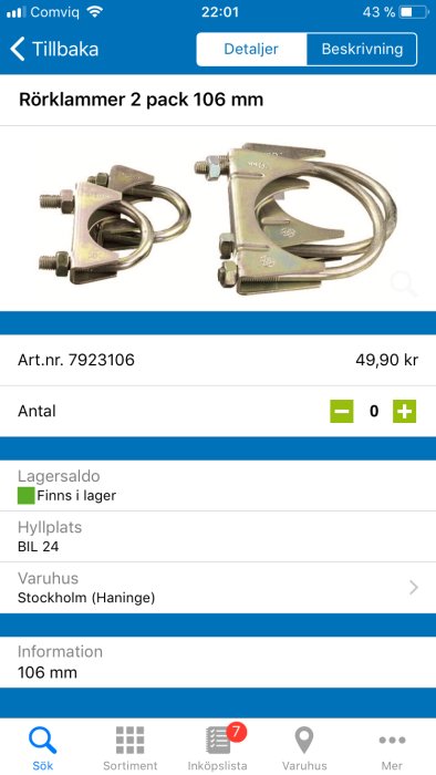 Två avgasklammor på 106 mm från Biltema på vit bakgrund.