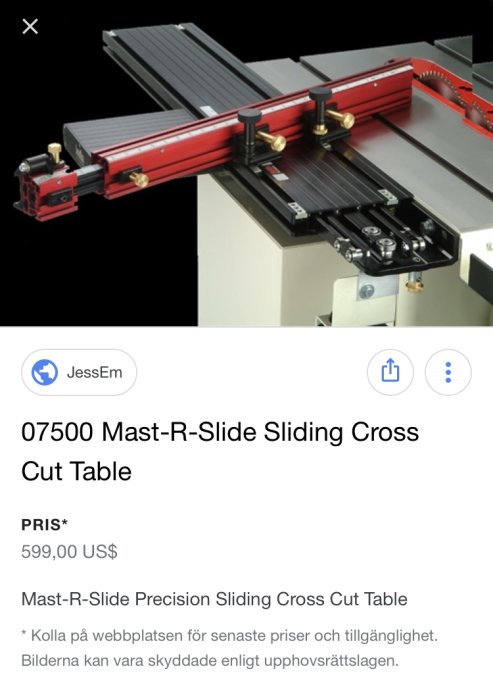 Red sliding cross cut table for saw with black adjustable guides and golden knobs.