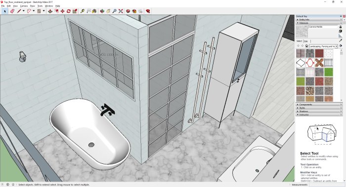 3D-modell av ett badrum med spröjsade fönster och dörr, badkar, handdukstork och skåp.