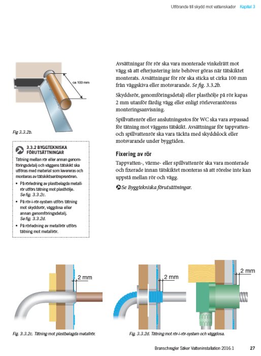 Illustration från säkervatten-handbok med anvisningar om läckageindikering och rörmontage 2 mm från vägg.