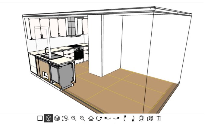 3D-skiss av modernt kök med skåp, spis, diskho och inbyggd ugn.