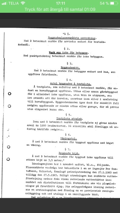 Sida från byggnadsplan som beskriver användningsområden och bestämmelser, daterad 1968, med regler för tomtstorlek och byggnadshöjd.