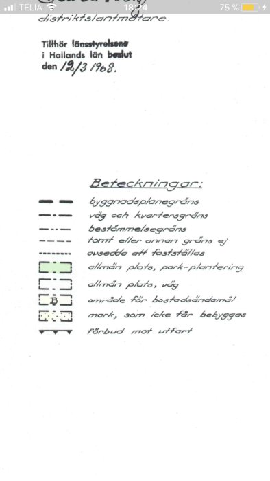Dokument med symboler och text som beskriver markanvändning i byggplan, inklusive gränser och allmänna ytor.