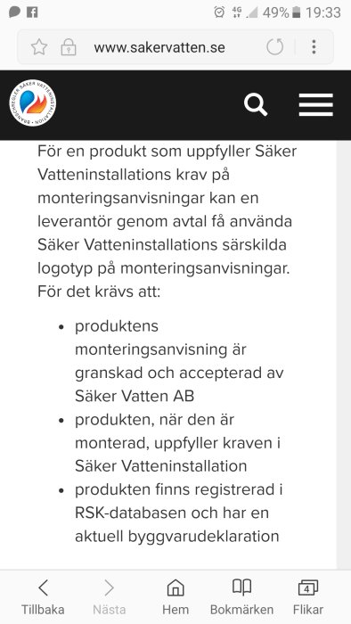 Skärmdump av Säker Vattens hemsida med text om krav för monteringsanvisningar.