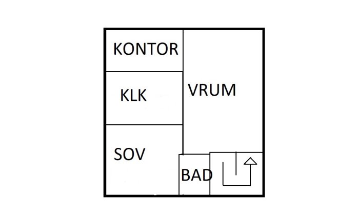 Skiss av husplan med sovrum, kontor, klädkammare, badrum och vardagsrum markerade.