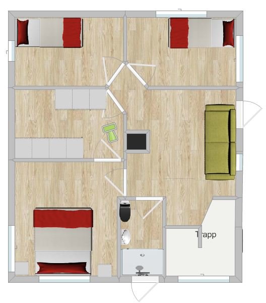 Planskiss över en våning med fyra rum, vardagsrum och kök, krystad layout med tre sovrum.