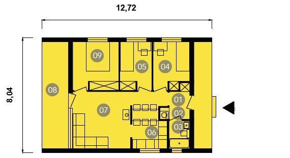 Ritning av hus på 58 m2 med markerade rum och mått.