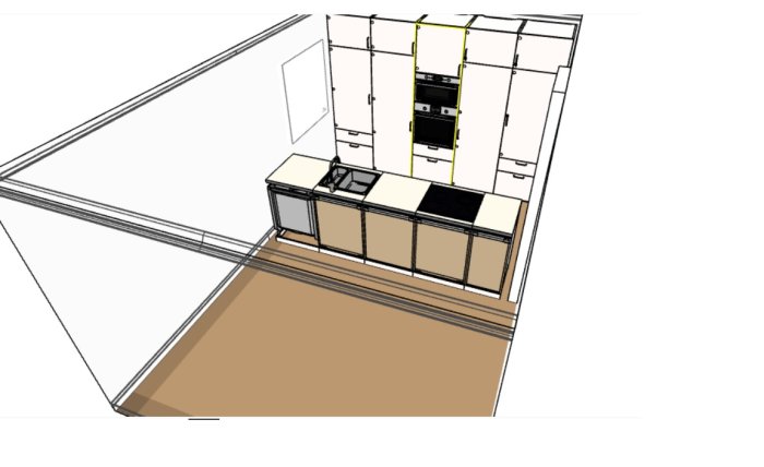 3D-skiss av ett kök med högskåp längs en vägg och begränsad bänkyta.