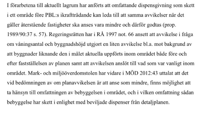 Textutdrag ur juridiskt dokument om byggnormer och dispens relaterat till detaljplaner och byggnadsavikelser.