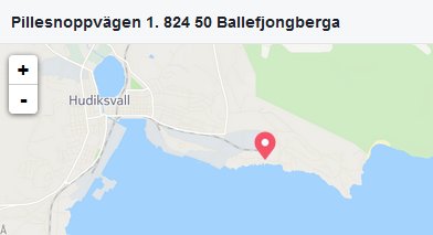 Karta med en markerad position på adressen Pillesnoppvägen 1 i Ballefjongberga nära Hudiksvall.