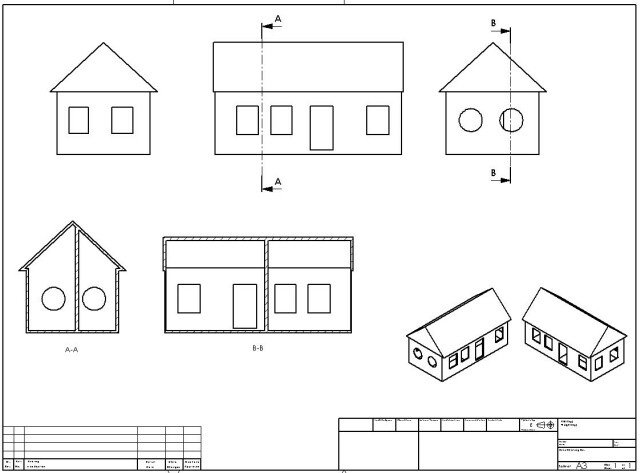 Arkitektonisk ritning av ett hus visar fasader, sektioner och perspektiv, relaterad till Skånepågs bygglovsquiz.