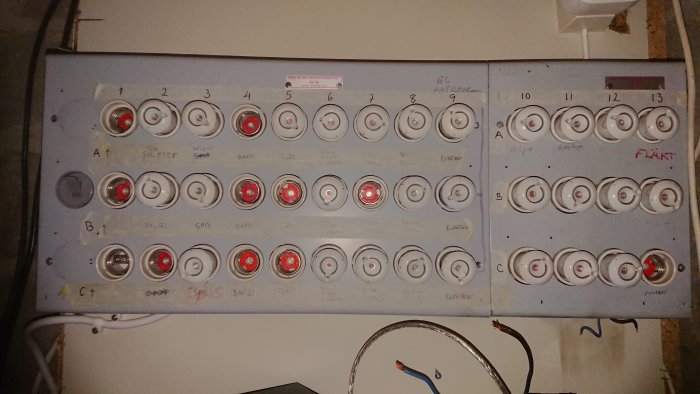 Elcentral med säkringar i fyra rader och etiketter för solel, spis och badrum.