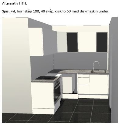 3D-rendering av ett kompakt kök med spis, kylskåp, hörnskåp och diskho ovanpå diskmaskin, planerat för en sovalkov.